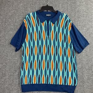 Inserch Polo Short Sleeve Blue Orange Sweater Shirt Men's XL Wavy Knit
